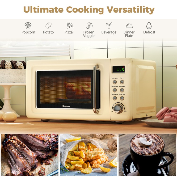 Cream white 700W retro countertop microwave oven with rotating glass plate, perfect for even heating of meals.