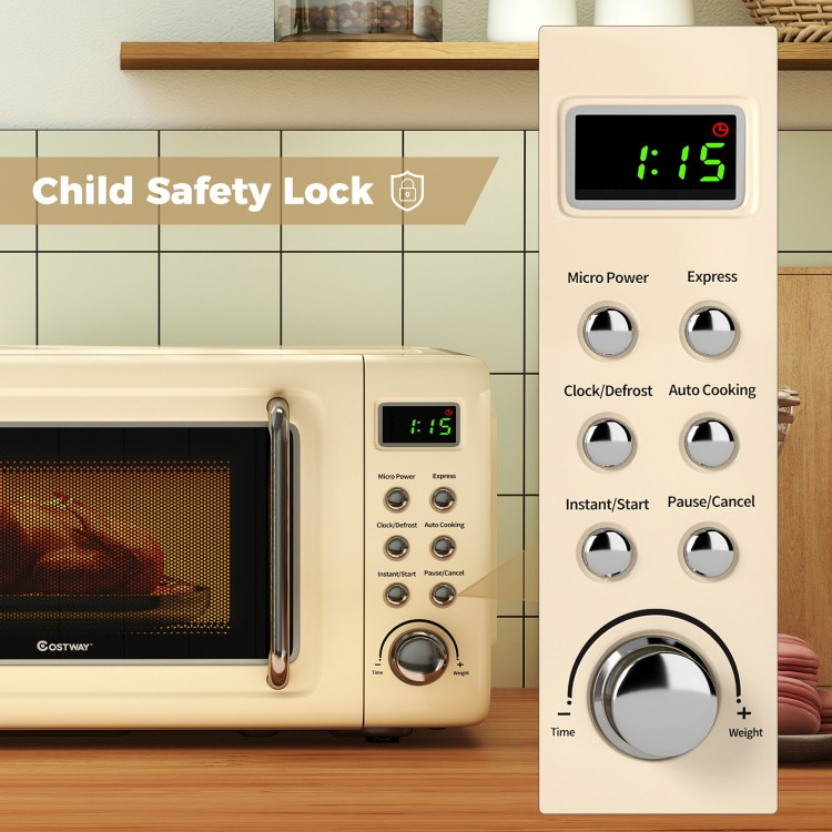 Cream white 700W retro countertop microwave oven with child safety lock and easy-to-use control panel for small spaces.