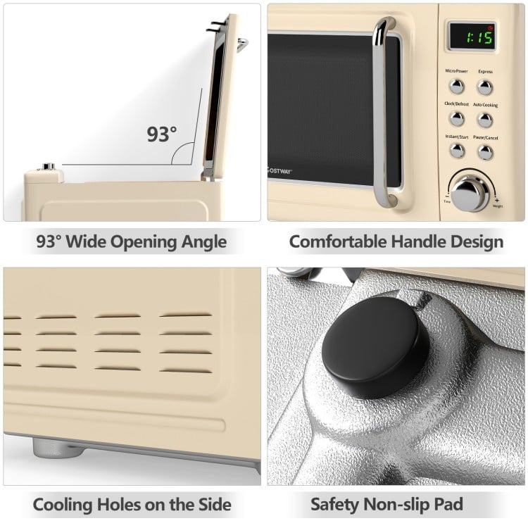 Close-up of the 700W retro countertop microwave oven showing the comfortable handle and cooling holes for efficient use.