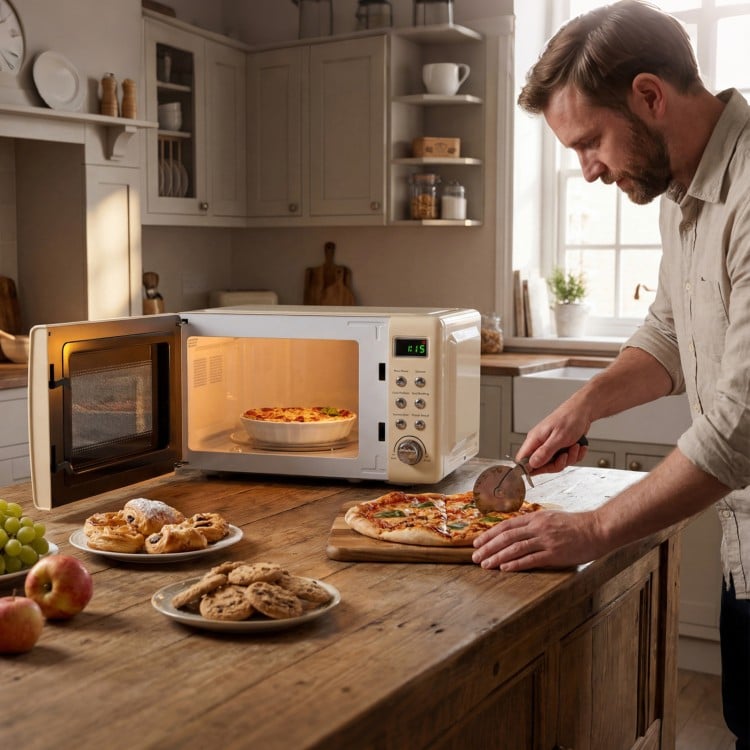 Cream white 700W retro countertop microwave oven with 5 power levels, shown in a kitchen setting, ideal for small.