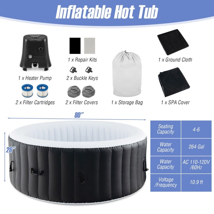 Round inflatable hot tub with 110/130 air jets, durable PVC walls, and a 264-gallon capacity for relaxation.