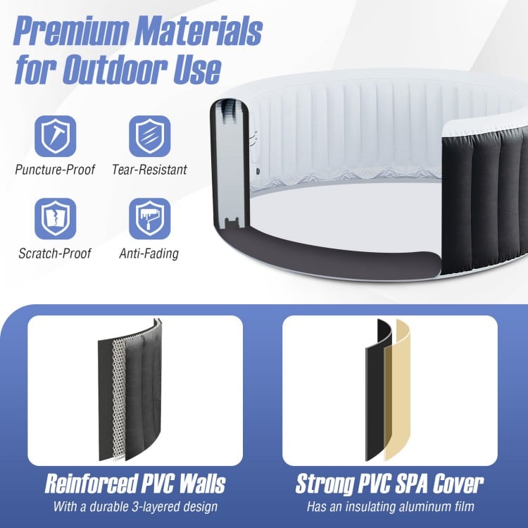 Reinforced PVC walls of the 70/80 inches round SPA pool with strong insulating cover for outdoor relaxation.