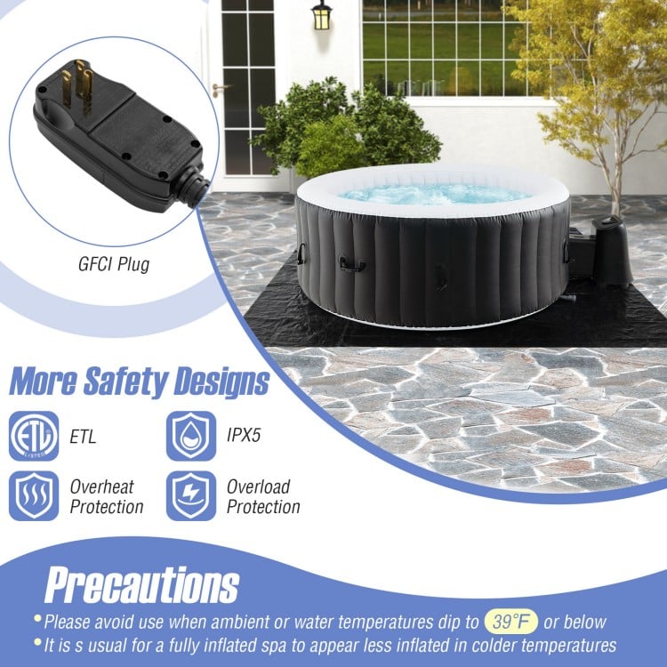 Round SPA pool with 110/130 air jets, durable PVC walls, and GFCI plug, ideal for outdoor relaxation.