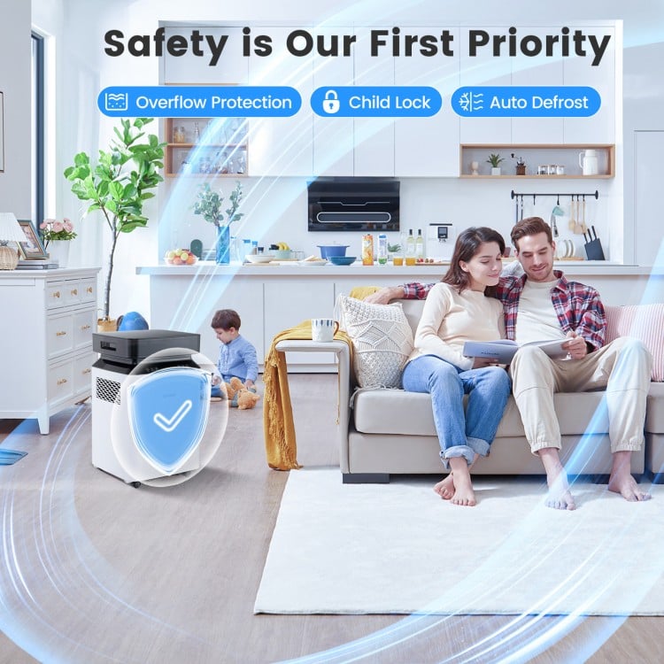 70-pint dehumidifier with touch panel, child lock, and overflow protection for efficient indoor humidity control.