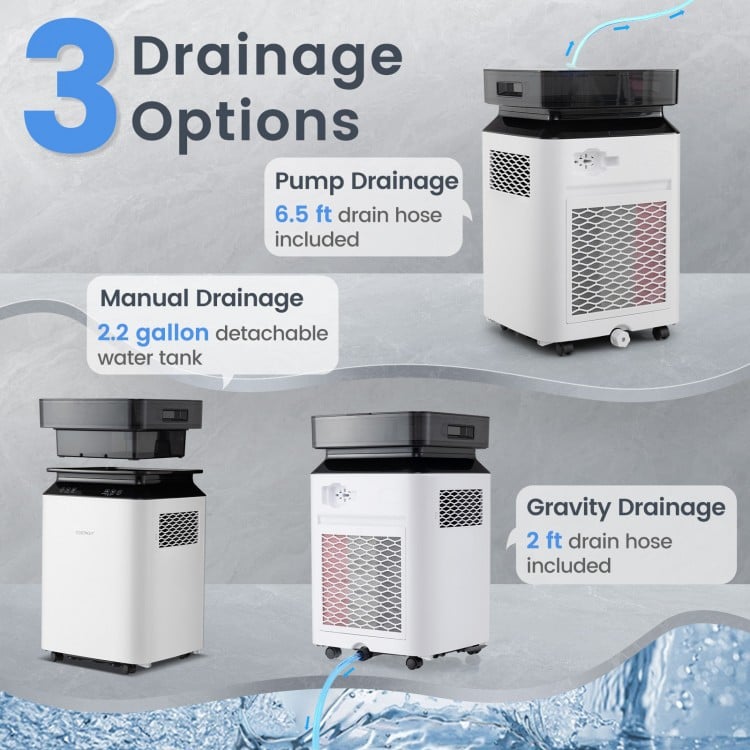 Dehumidifier with three drainage options: pump, manual, and gravity, featuring a touch panel and 24-hour timer for.