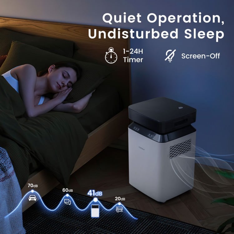 70-pint dehumidifier with touch panel, 24-hour timer, and quiet operation for effective indoor humidity control.