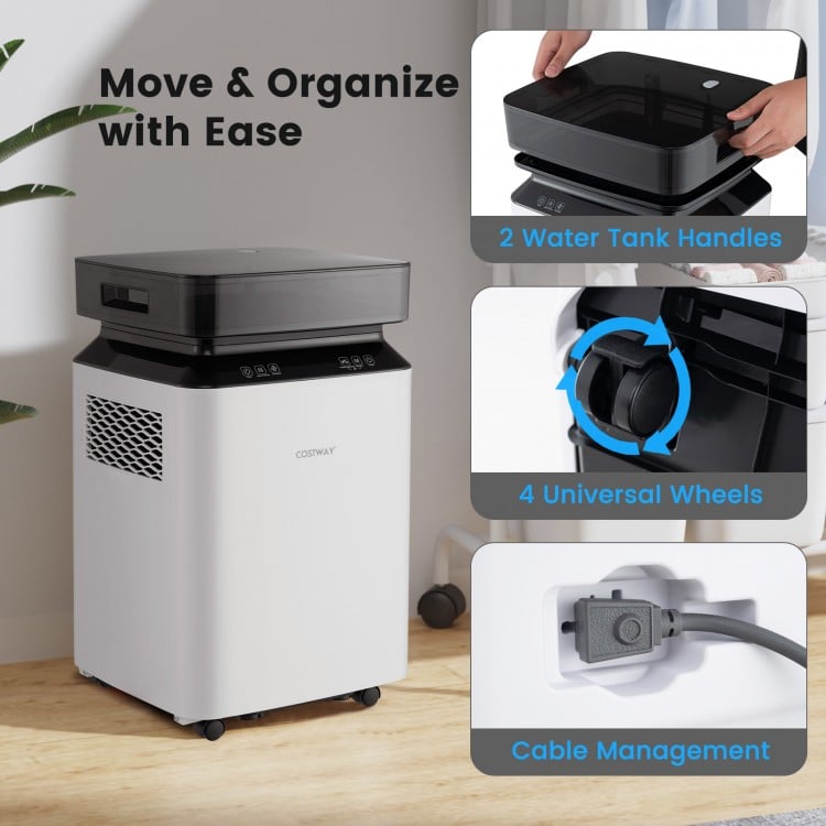 Dehumidifier with 4 universal wheels, touch panel, and cable management for easy mobility and organization.
