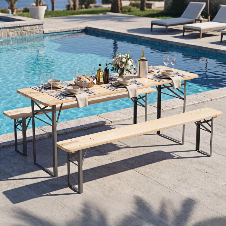 Folding picnic table set with fir wood and metal frame, seats 6, perfect for outdoor gatherings by the pool.