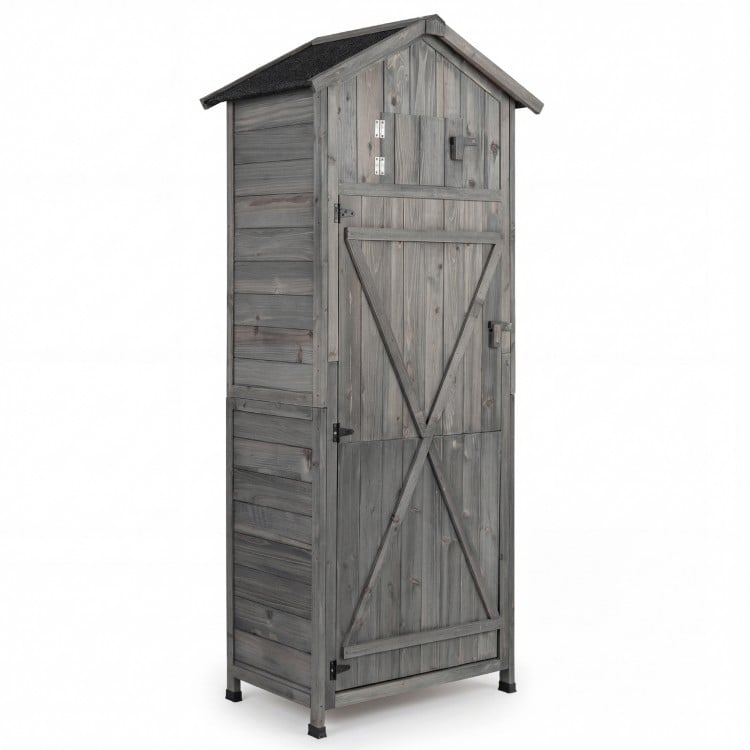 70-inch tall grey garden tool storage cabinet with lockable doors, foldable table, and detachable shelves for outdoor.