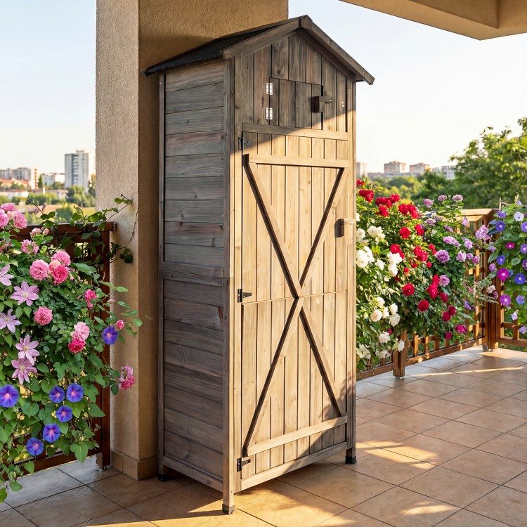 70-inch tall grey garden tool storage cabinet with lockable doors, foldable table, and 3 detachable shelves for outdoor.