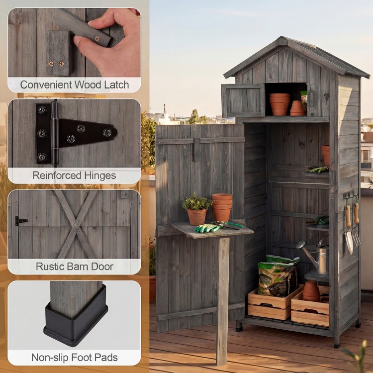Garden tool storage cabinet with lockable doors, foldable table, and rustic barn door, perfect for outdoor organization.