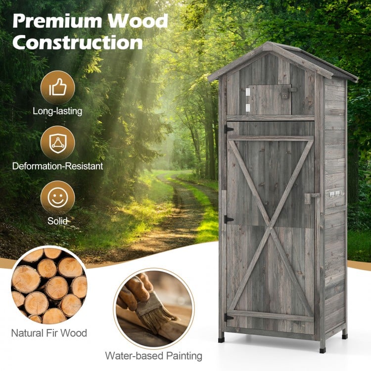 Garden tool storage cabinet with lockable doors, made of durable fir wood, featuring a foldable table for outdoor use.