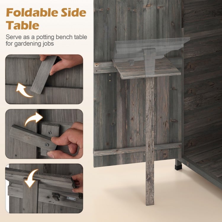 Foldable side table attached to a 70-inch garden tool storage cabinet in grey, ideal for gardening tasks.