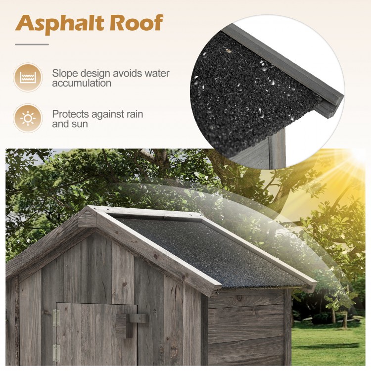 Asphalt roof detail of a 70-inch garden tool storage cabinet, designed for outdoor protection against rain and sun.