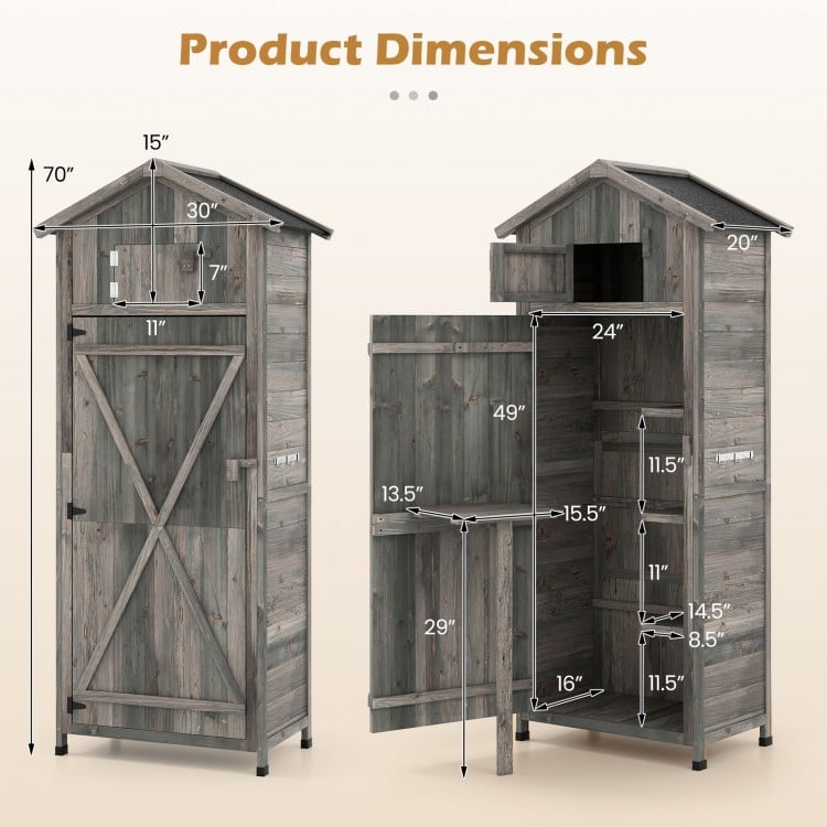 Garden tool storage cabinet with lockable doors, foldable table, and detachable shelves, designed for outdoor use.