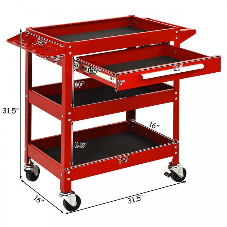 Red rolling tool cart with three trays, sliding drawer, and ergonomic handle for easy mobility and storage convenience.