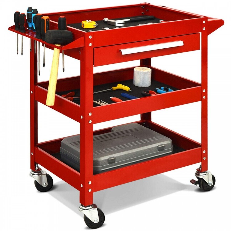 Rolling tool cart in red with three trays, a drawer, and organizer shelf, ideal for garage and workshop storage.