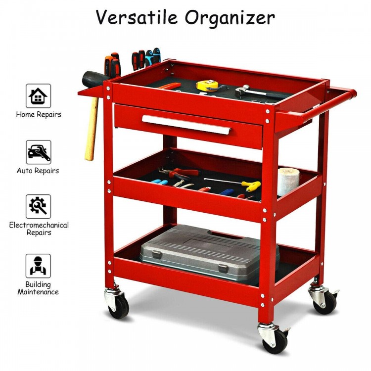 Rolling tool cart in red with three trays, a drawer, and organizer shelf, perfect for garage and home repairs.