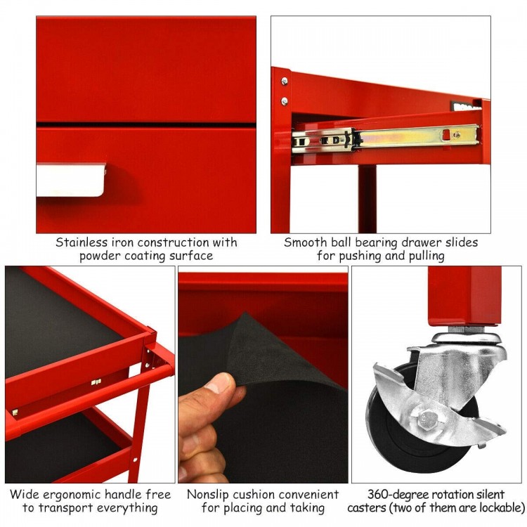 Rolling tool cart in red with three trays, a sliding drawer, and 360-degree rotating casters for easy mobility.
