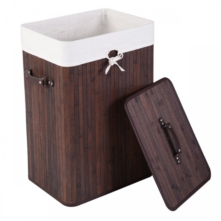 Rectangle bamboo laundry hamper with lid, durable brown design, featuring PU leather handles for easy transport.
