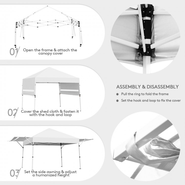 Foldable pop up canopy with adjustable heights and side awnings, providing 170 square feet of shade for outdoor.