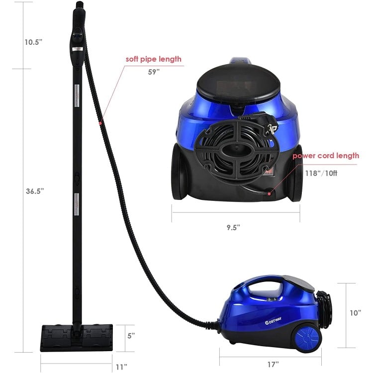 2000W blue steam cleaner mop with detachable handheld unit, featuring a 1.5L tank and 10ft power cord for versatile.