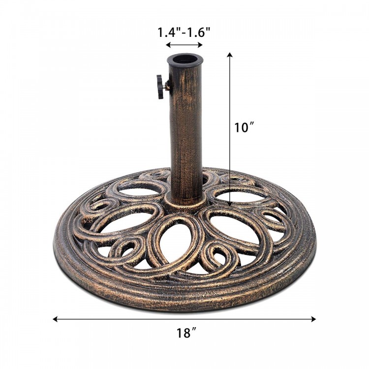 Round umbrella base stand made of premium cast iron, featuring a petal-like pattern in classic bronze for patio.