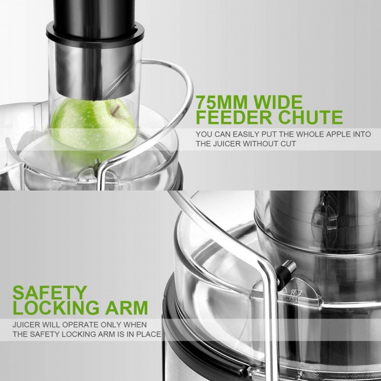 75mm wide feeder chute of the 2 Speed Electric Juice Press allows whole fruits to be juiced without cutting for.