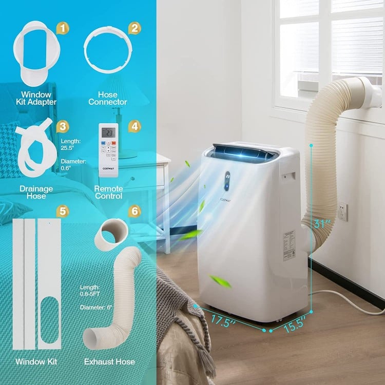Portable 12000 BTU air conditioner with exhaust hose, window kit, and remote control for efficient cooling and comfort.