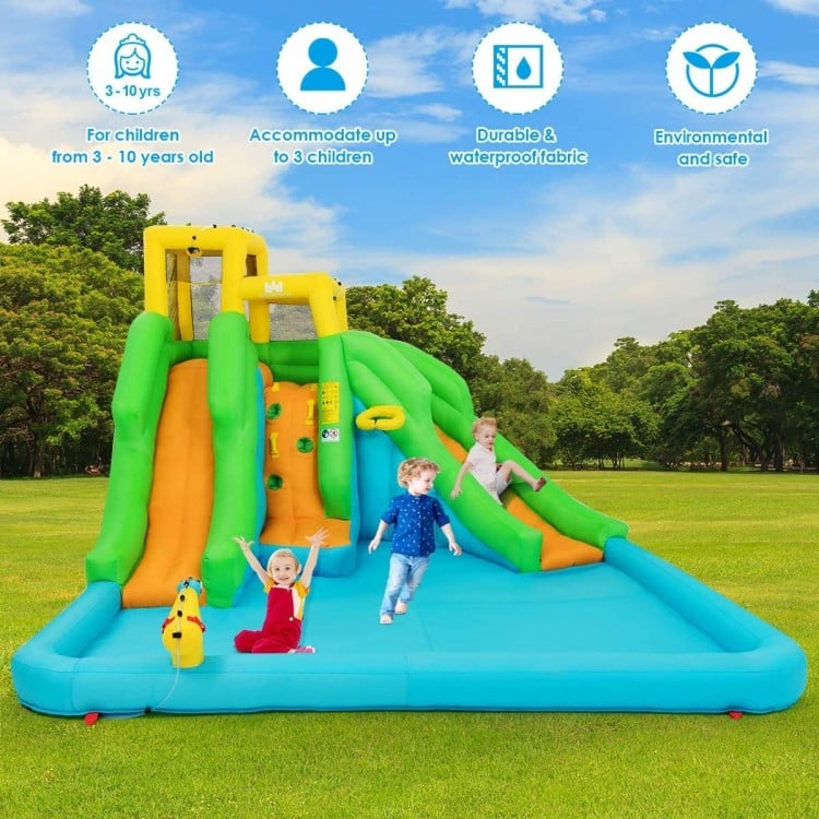 Inflatable Water Park Bounce House with climbing wall, bright colors, suitable for outdoor fun, accommodates 3 children.