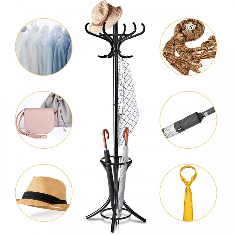 Wood standing coat rack with umbrella stand, featuring 12 hooks and a rotating top tier for versatile storage solutions.