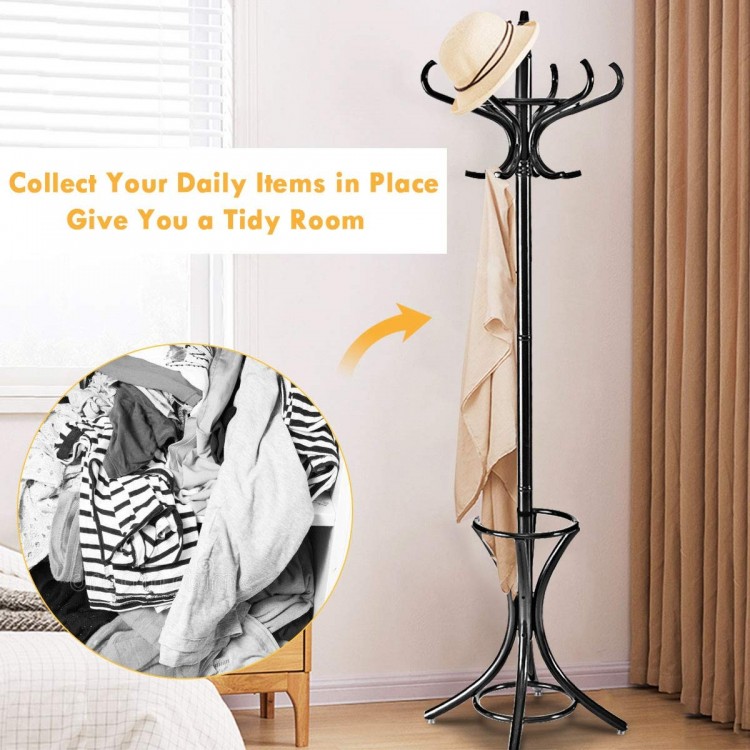 Wood standing hat coat rack in black with umbrella stand, featuring 12 hooks for organized storage in any room.