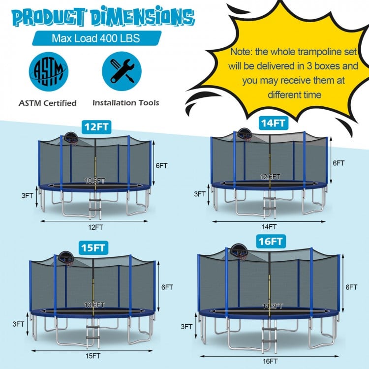 12-foot outdoor trampoline with enclosure net, basketball hoop, and safety features for recreational fun and safe.