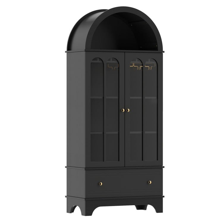Arched black cabinet with tempered glass doors, 5 tiers, wine rack, and bottom drawer for stylish storage solutions.