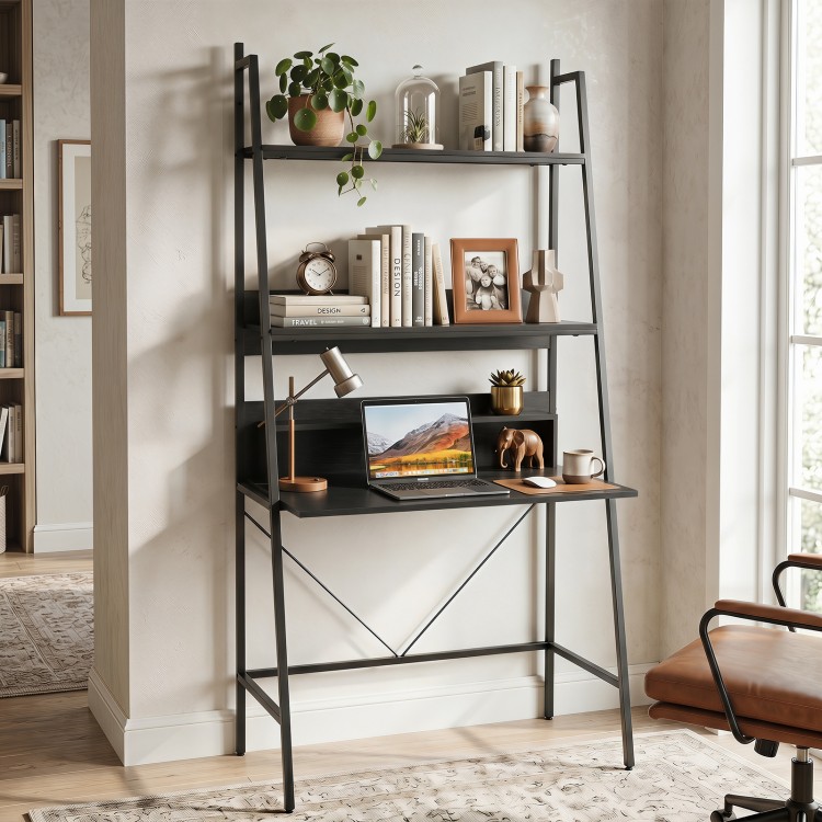 Freestanding 71” black laptop desk with open shelves, featuring wall attachment for safety, perfect for bedroom or.