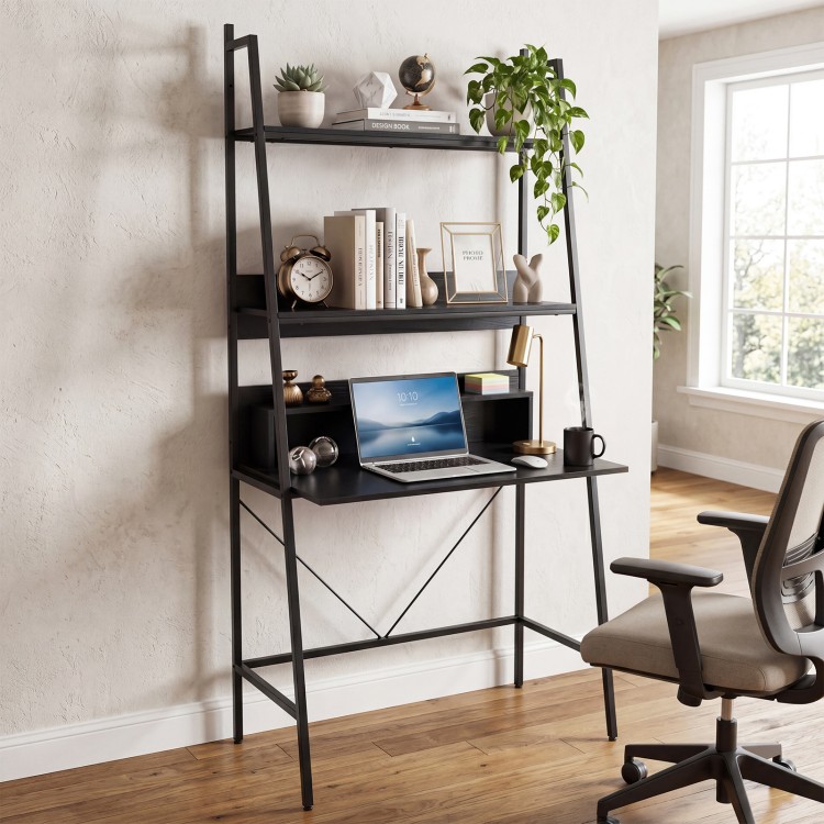 Freestanding black laptop desk with open shelves, ideal for study or living room, featuring a heavy-duty metal frame.
