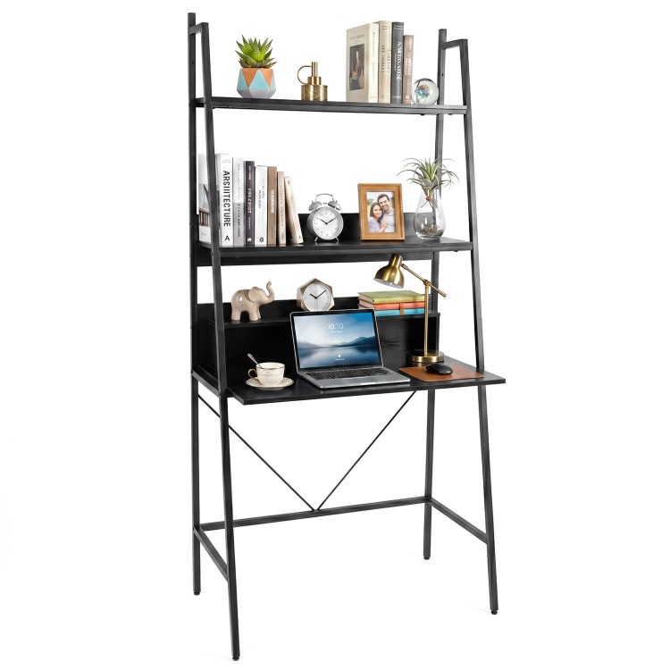 Freestanding black laptop desk with spacious desktop and open shelves, perfect for study or home office organization.