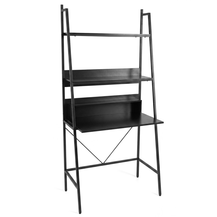 Freestanding black laptop desk with open shelves, heavy-duty metal frame, ideal for study or living room use.