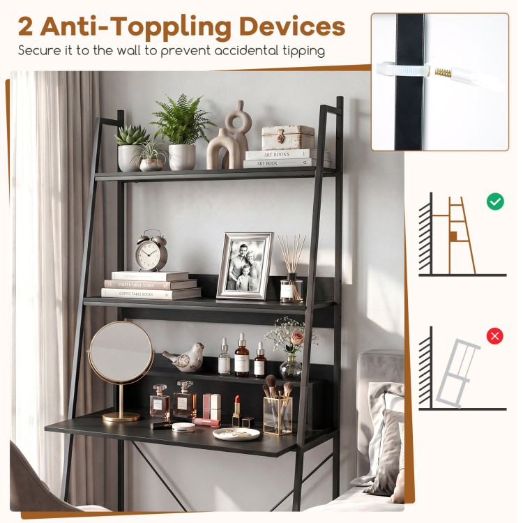 Freestanding 71” black laptop desk with open shelves, featuring anti-toppling devices for added safety in any room.