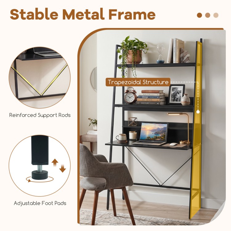 Freestanding 71” black laptop desk with open shelves, featuring a heavy-duty metal frame and adjustable foot pads for.