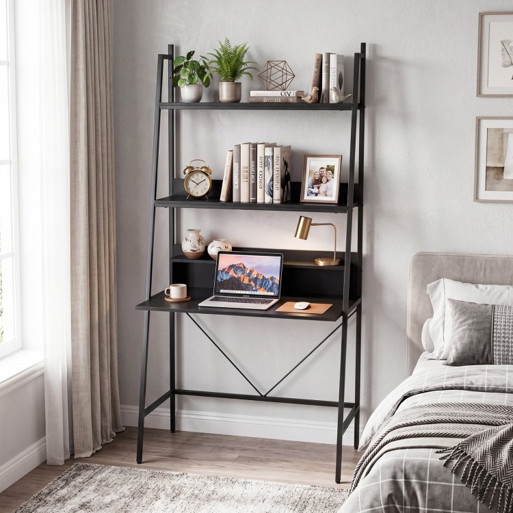 Freestanding black laptop desk with open shelves, spacious desktop, and heavy-duty metal frame for home office use.
