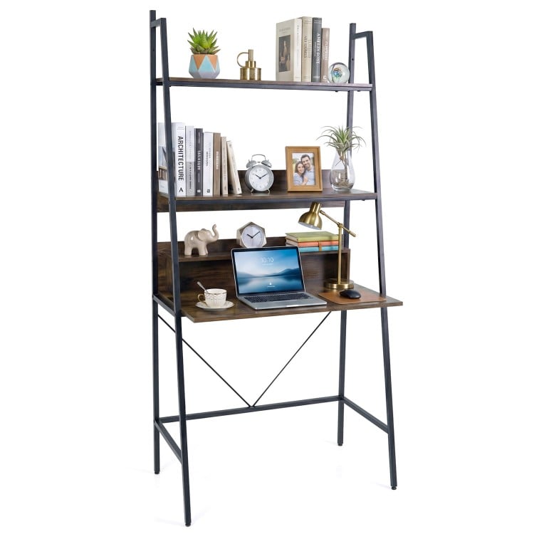 Freestanding 71” high laptop desk with open shelves, brown finish, ideal for home office or study use.