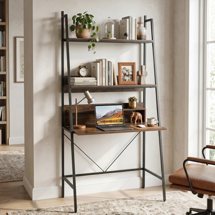 Freestanding 71” high laptop desk with open shelves, brown wood finish, ideal for home office or study organization.