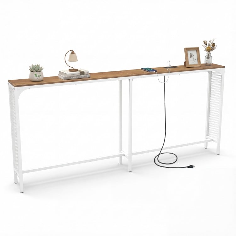 Narrow 71-inch console table with natural wood top, power outlet, and USB ports, ideal for small spaces and versatile.