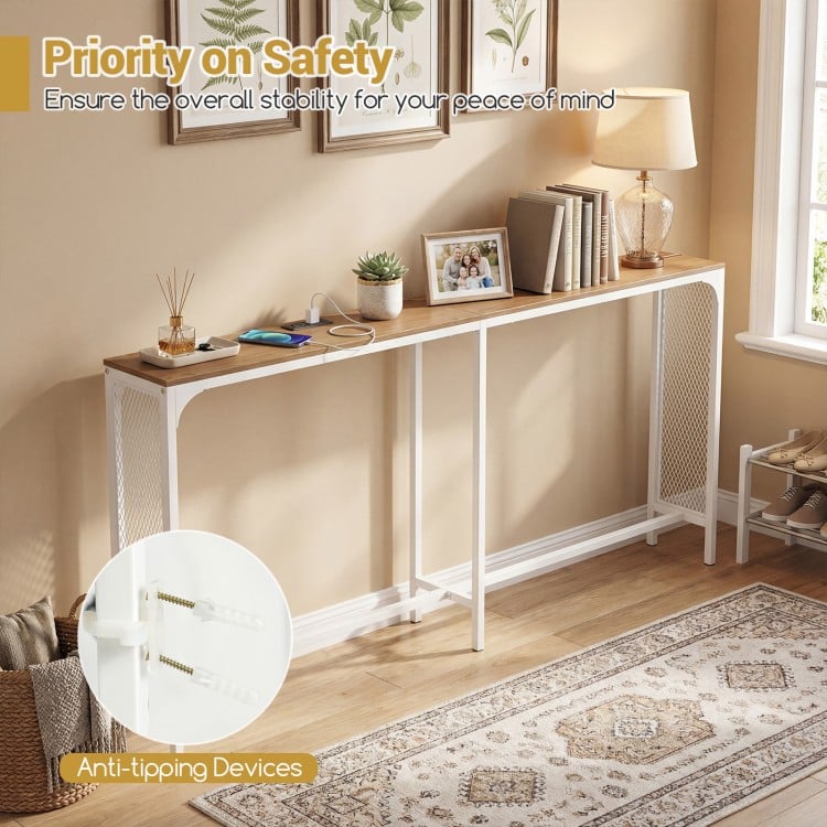 Narrow 71-inch console table with natural wood top, power outlet, and anti-tipping devices for small spaces.