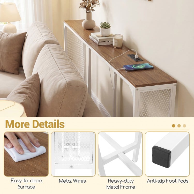 Narrow 71-inch console table with natural wood surface, power outlets, and anti-slip foot pads for small spaces.