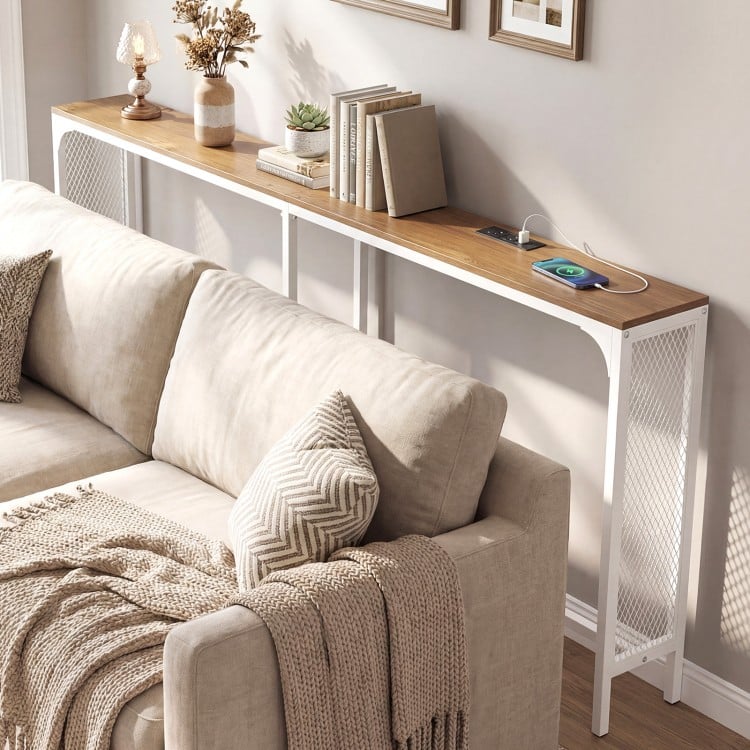 Narrow 71-inch console table with natural wood top, power outlet, and USB ports, ideal for small spaces and living.