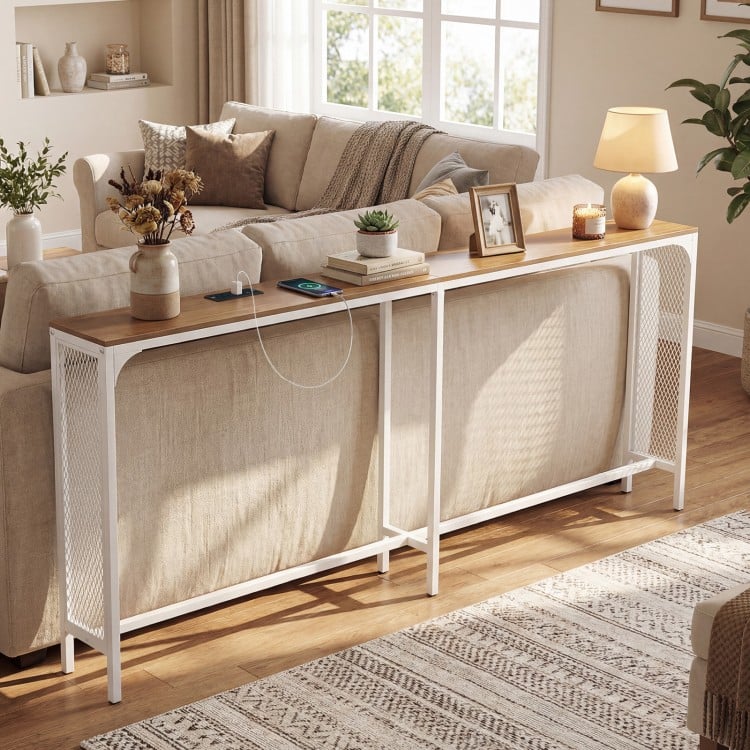 Narrow 71-inch console table with natural wood top, power outlet, and space-saving design for living rooms or entryways.