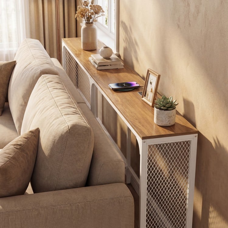 Narrow 71-inch console table with natural wood top, power outlets, and storage, ideal for small spaces in living rooms.