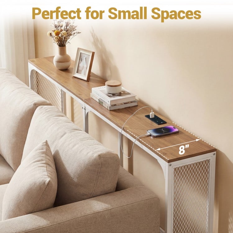 Narrow 71-inch console table with power outlet, perfect for small spaces, featuring a natural wood finish and charging.